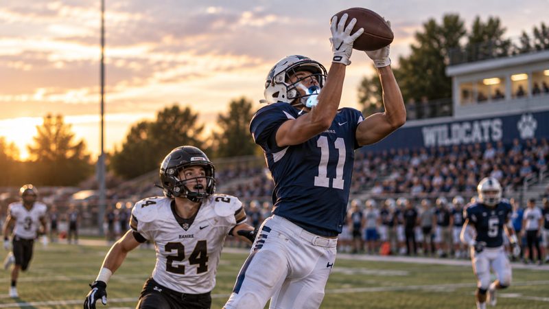 High school football receiver in a navy jersey leaping to catch a pass at sunset in front of a packed stand