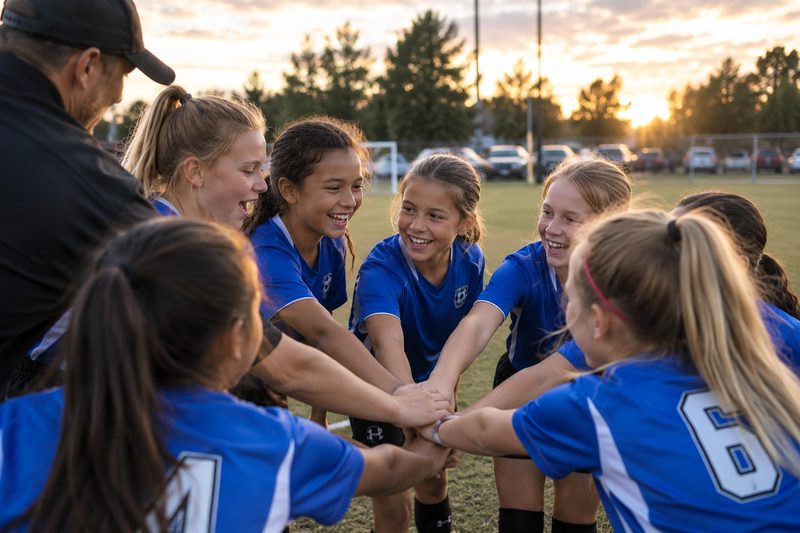 Youth soccer team in blue jerseys huddled with their hands stacked together at sunset